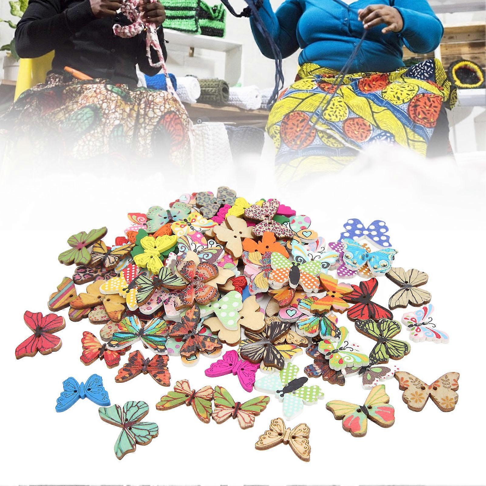100Pcs Colorful Cartoon Butterfly Buttons Durable Wood DIY Craft
