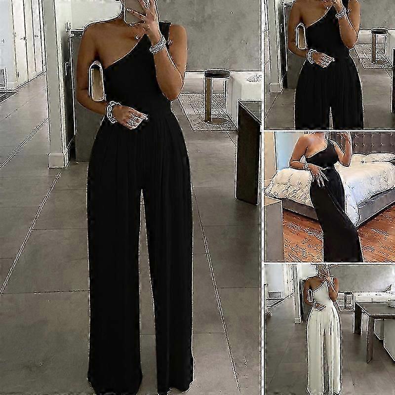 One Shoulder Ruched Wide Leg Jumpsuit Women Casual Summer Asymmetric Casual Solid Color Jumpsuit