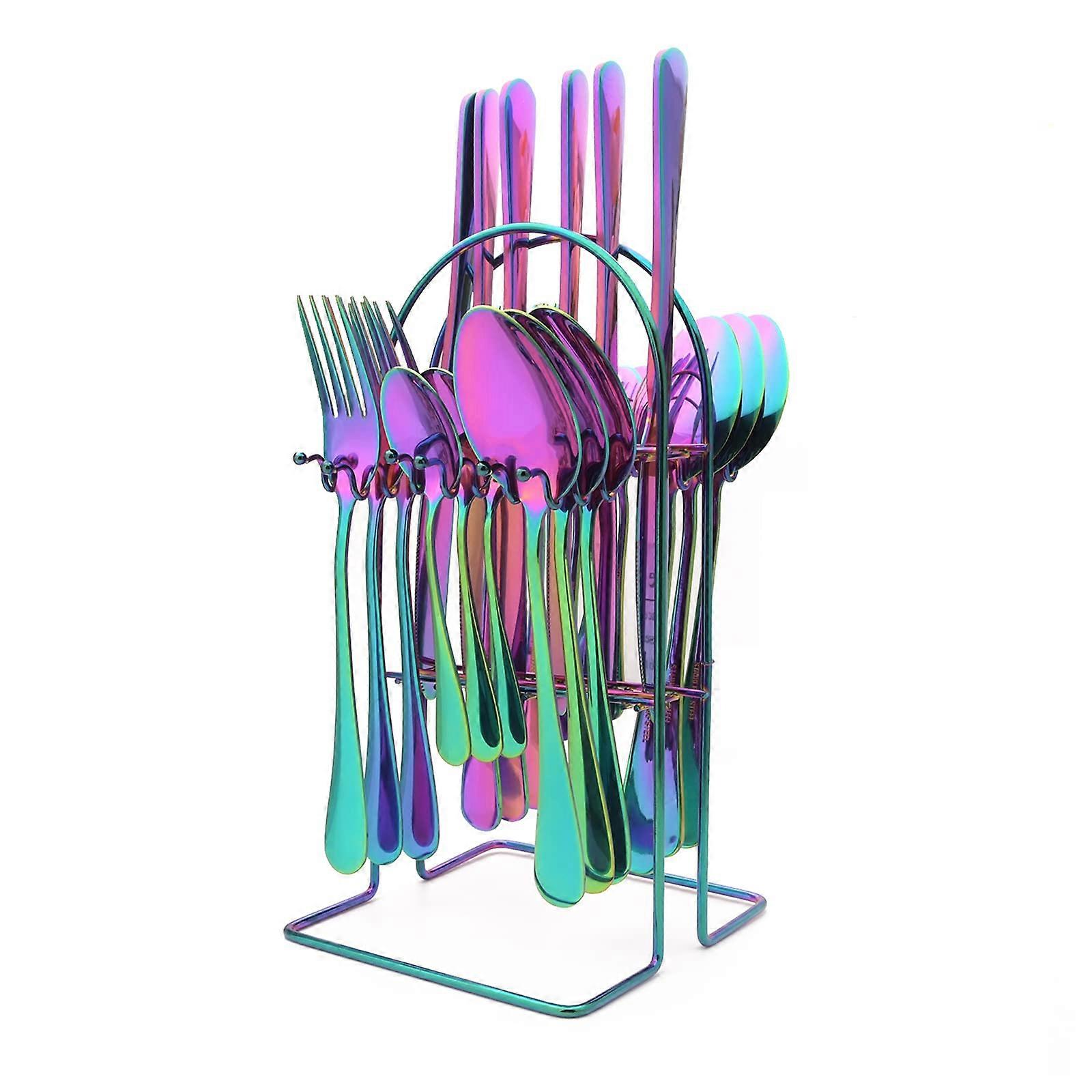 24-Piece Mirror Rainbow Silverware Set with Hanging Round Handle for Service For 6