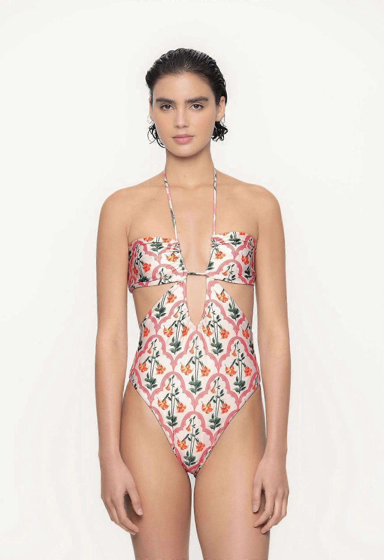 Ethnic Halter Swimsuit Set Orange Geometric Bikini with Wrap Skirt Combo