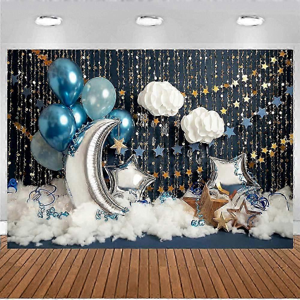 Birthday Photography Backdrop for Studio Use with Balloons, Golden Twinkle Stars, Baby Portraits, Cloud, and Moon Theme Photocall (7x5FT/2.1x1.5m)