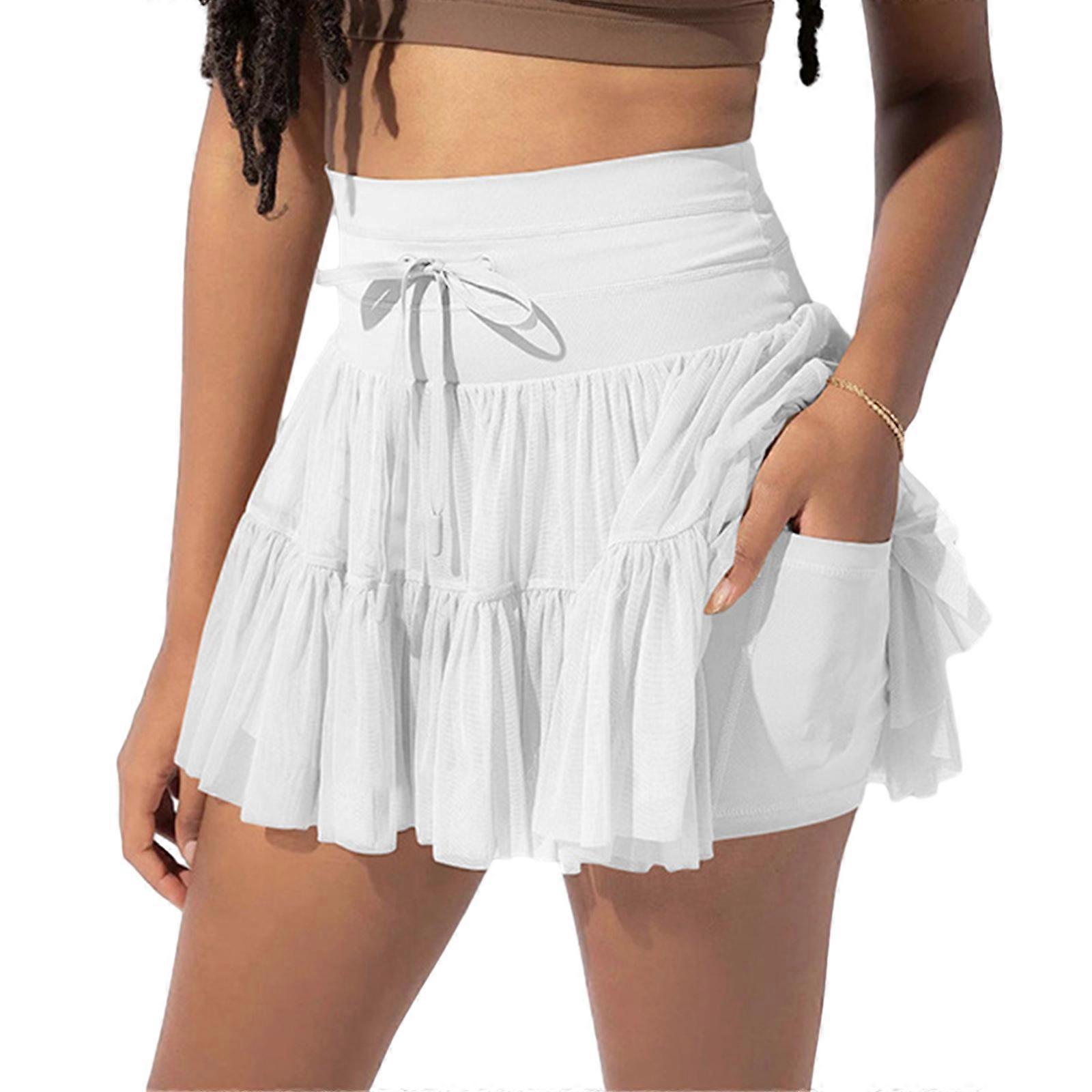 Stylish Womens Girls Short High Waist Pleated Skirt Trendy School Skirt with Inner Shorts and Pockets  White XL
