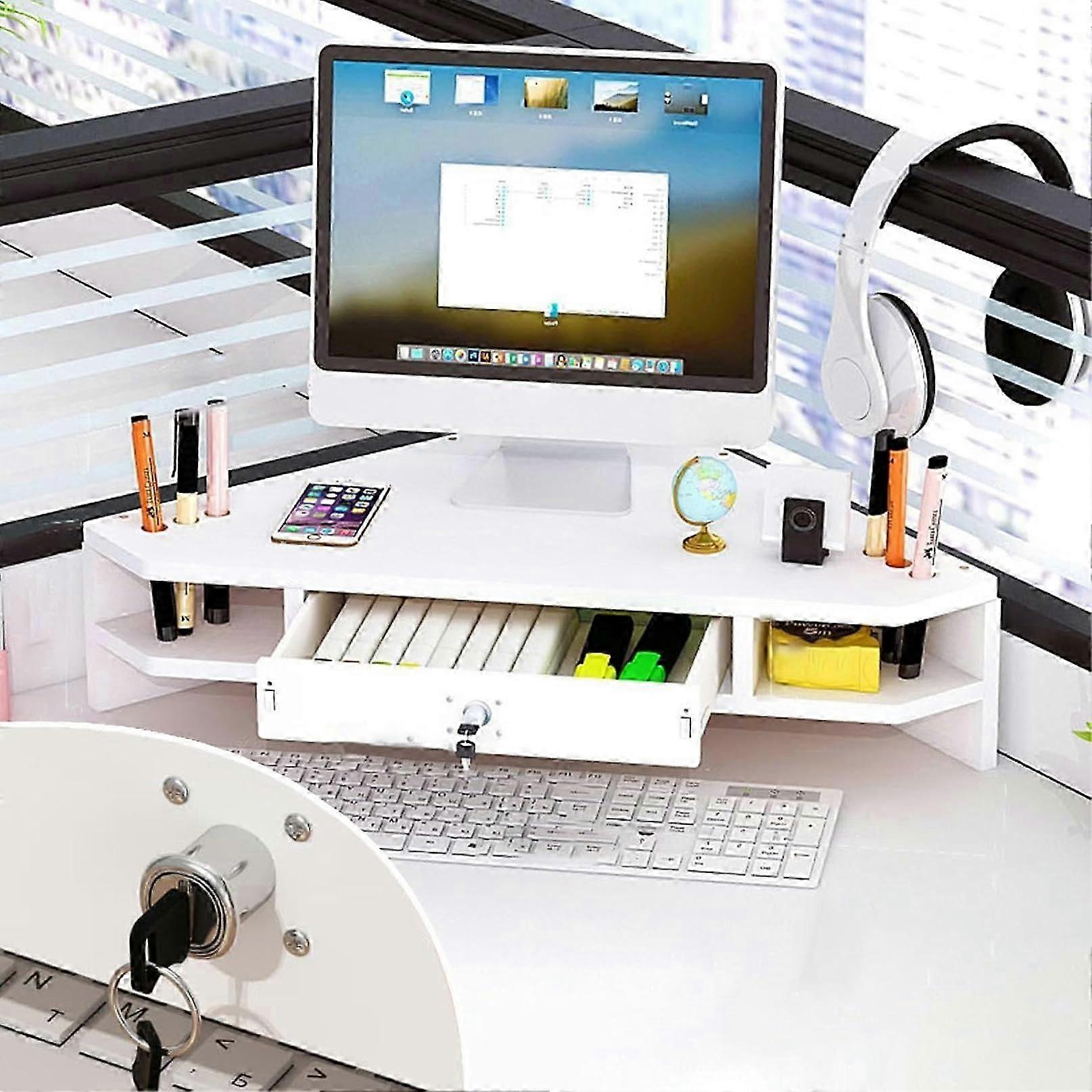 2 Tiers Triangle Monitor Stand Riser, Ergonomic Corner Monitor Stand with Locking Drawer, Desktop Organizer Shelf for Study Room/Office