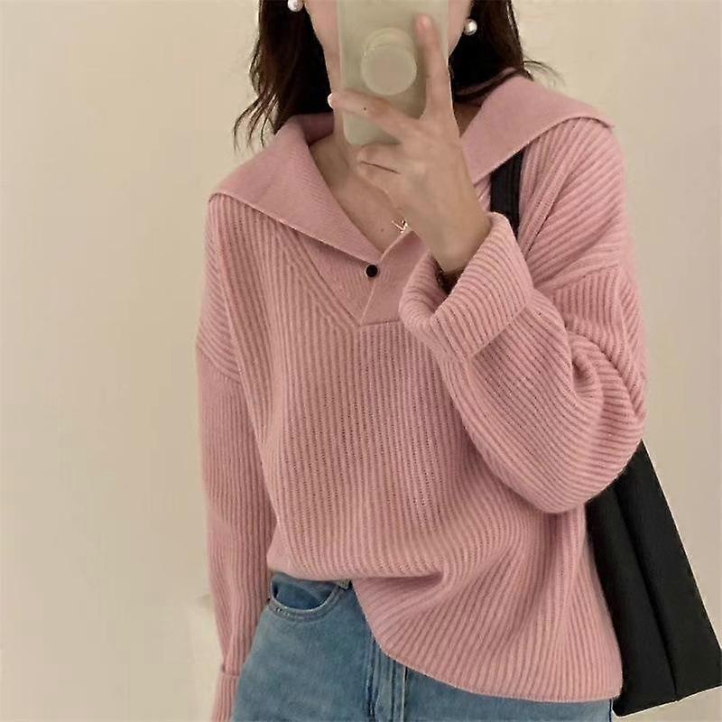 Autumn and Winter Women's Sweater POLO Collar Knit Sweater Pullover Thin Loose Lazy Wind Long-sleeved Tops