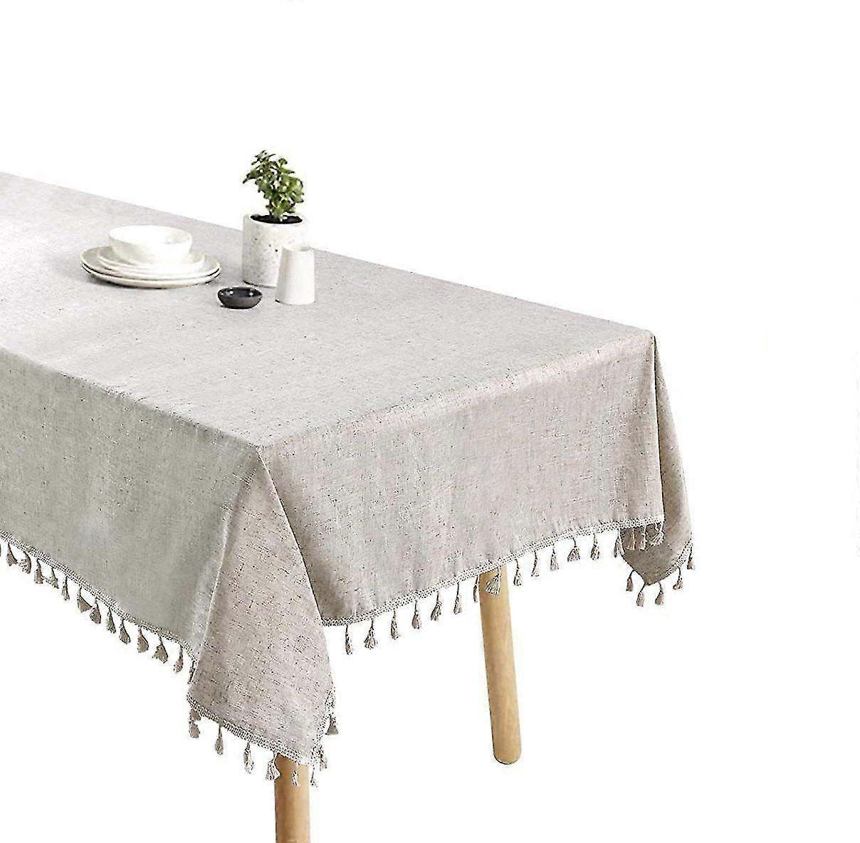 Tablecloth Rectangular Tassel Tablecloth Beige Cotton Linen Tablecloth Wipe Clean Dustproof Coffee