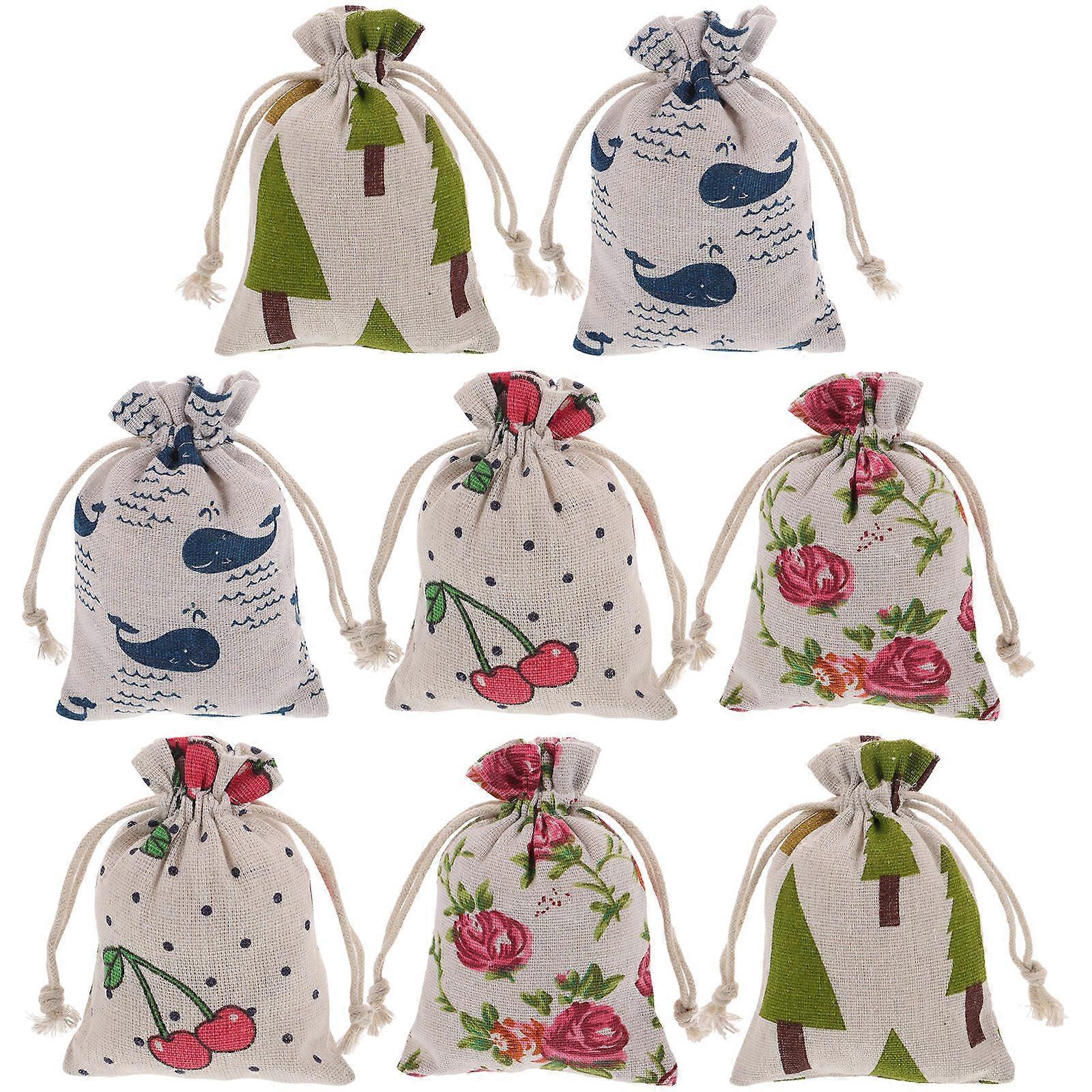Drawstring Bags Christmas Themed Design Rectangular Shape Linen Material present Giving Kids 8Pcs