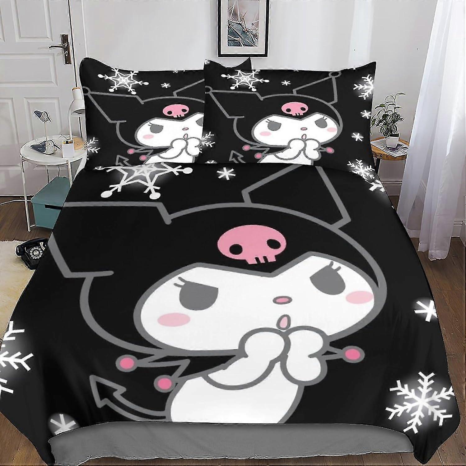 3D Kuromi Effect Quilt Bedding Set, Cute Style Printed Duvet Cover Set Soft Microfiber with Pillowcase 3 Pieces for Children and Adults Doub