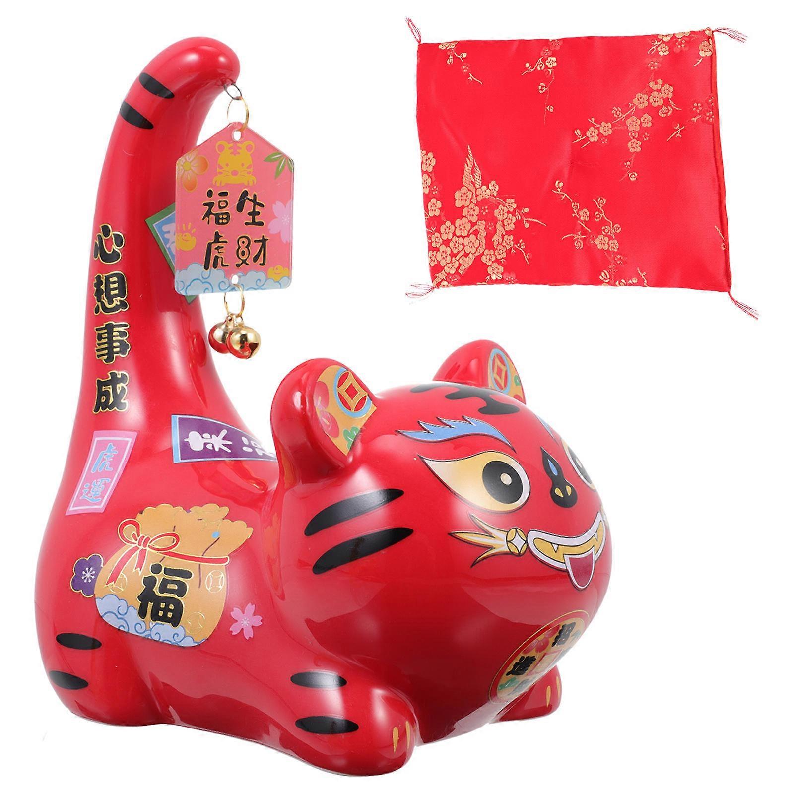 Tiger Coin Bank Ceramic Zodiac Decor Home Room Money Saving Box Red Design Flat Base Stability Christmas Gift