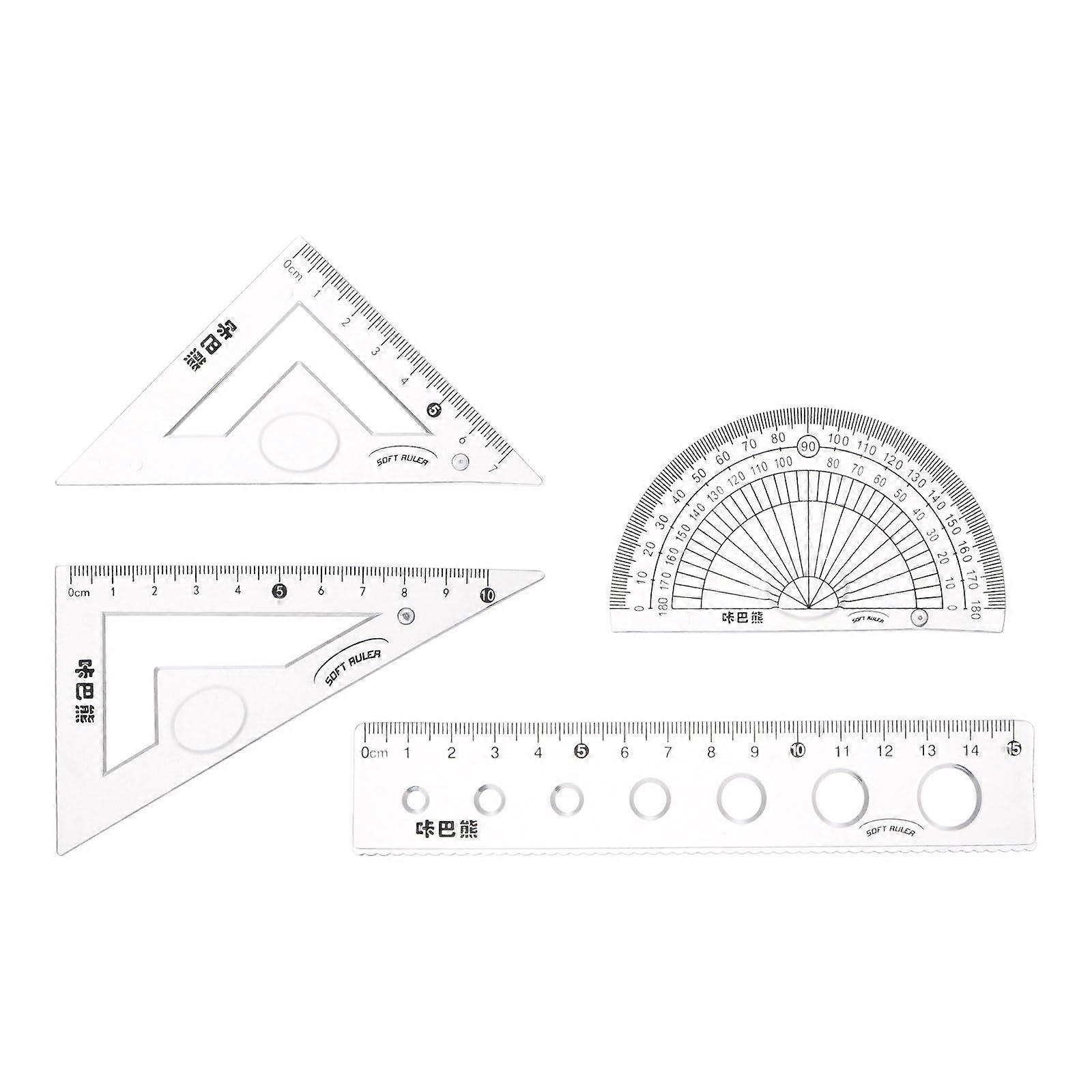 Set of 4 Rulers 15 cm Soft Straight Ruler Protractor Triangle Measuring Tool with Corrugated Line for Classrooms Office Transparent Ref: 8736