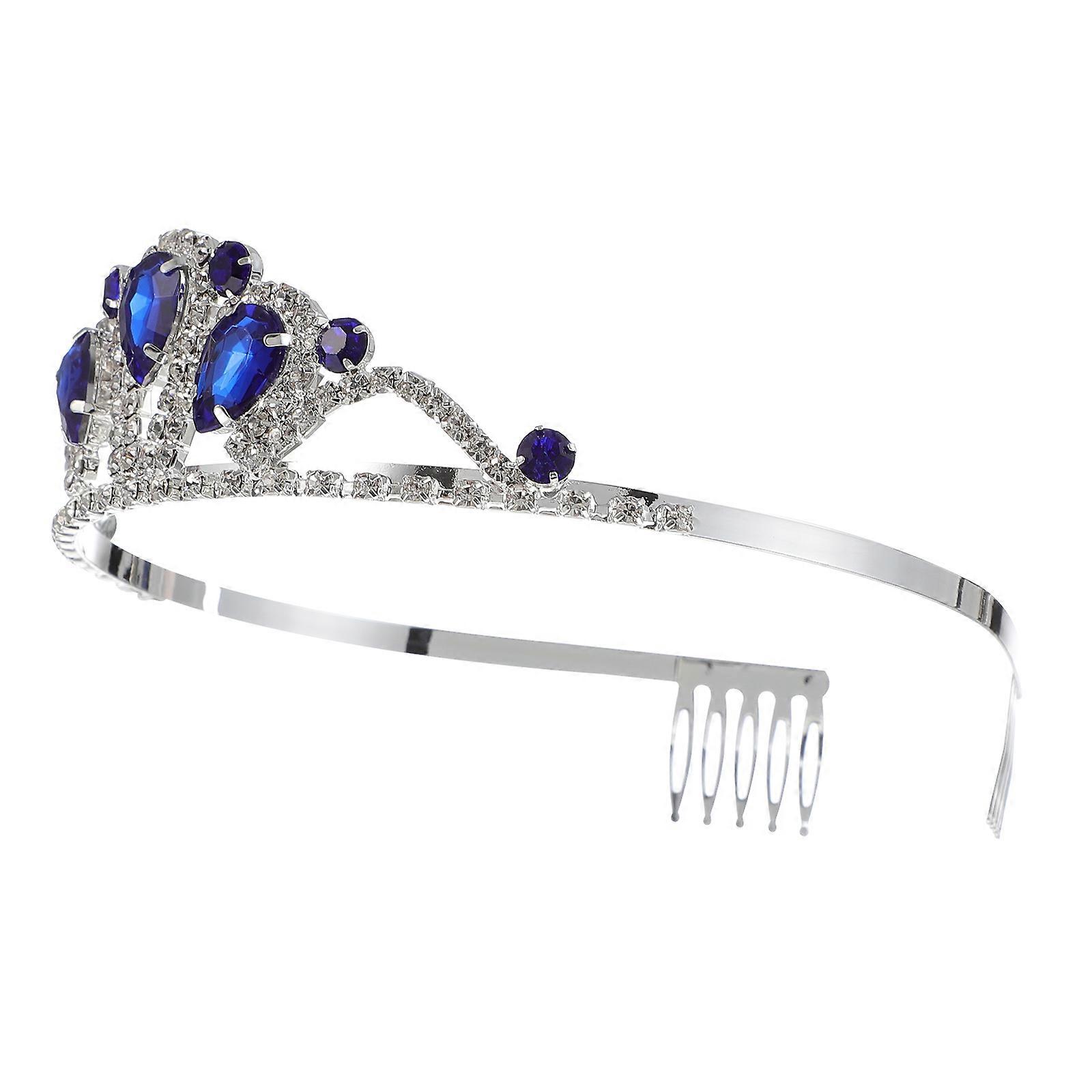 Coroa de pente de noiva de strass azul para decoração de casamento com pérolas de cristal 7,5 polegadas