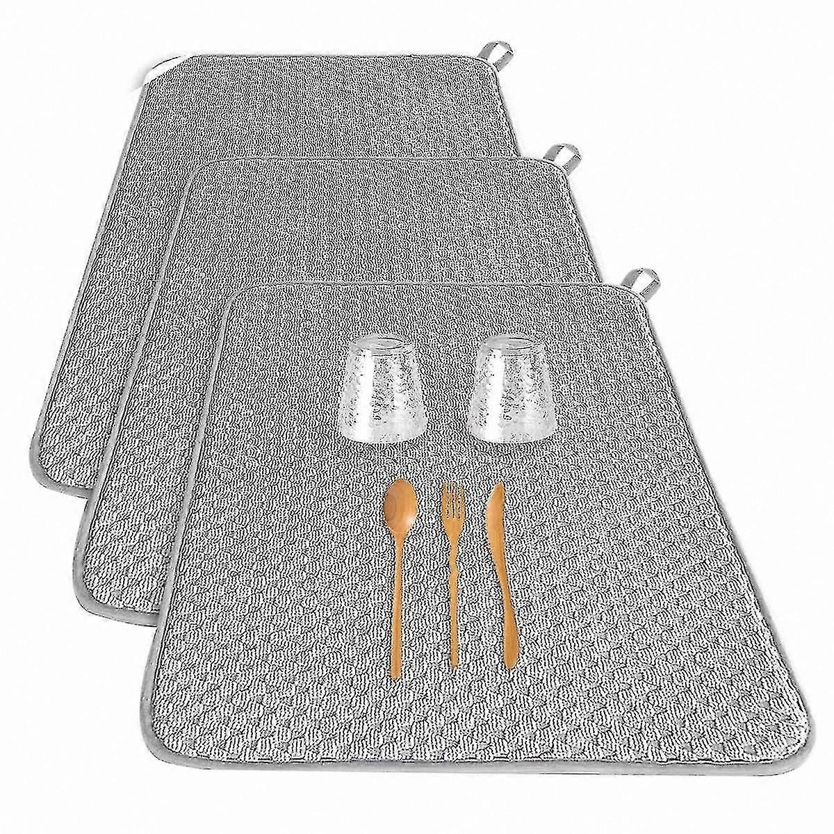 Set of 3 Microfiber Dish Drying Mats, Absorbent Kitchen Counter Mats for Dishes, Pots, and Utensils