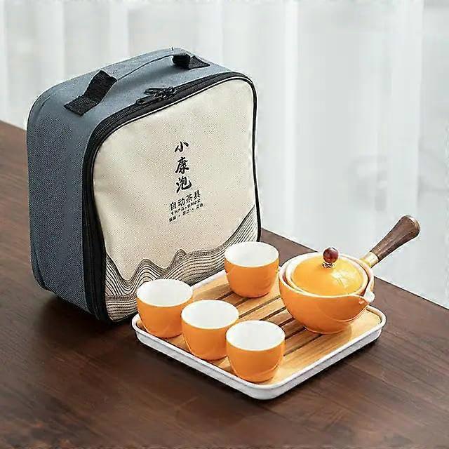 Porcelain Chinese Gongfu Tea Set Portable Teapot Set with 360 Rotation Tea Maker and Infuser Portable All in One Gift Bag