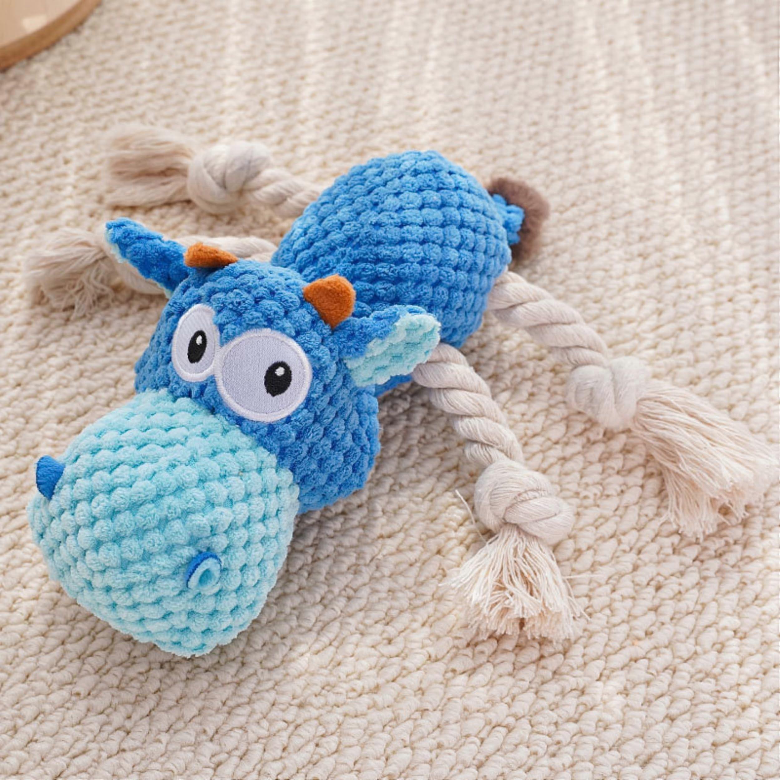 Indestructible Plush Dog Toys for Aggressive Chewers, Blue Hippo, Crinkle Squeaky Chew Toy for Small Medium Large Breeds