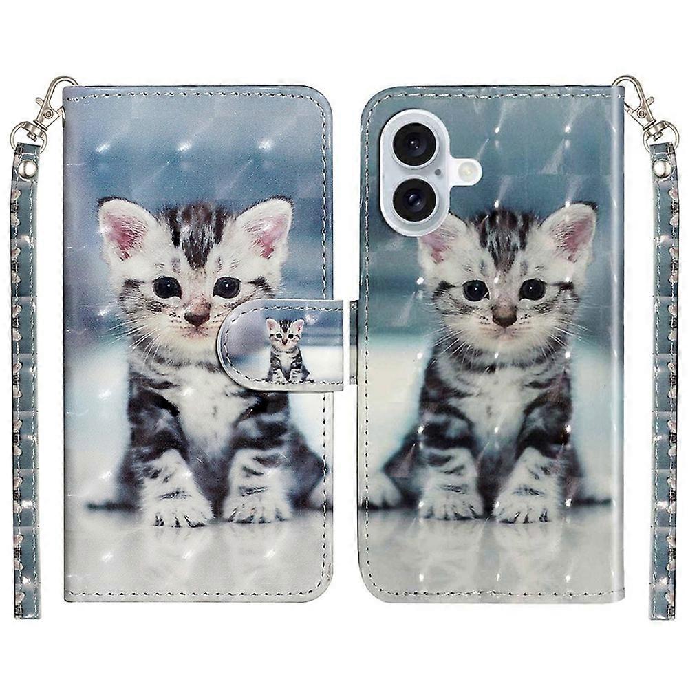 For iPhone 17 Wallet Case 3D Pattern Printed Leather Phone Cover with Strap - Cat