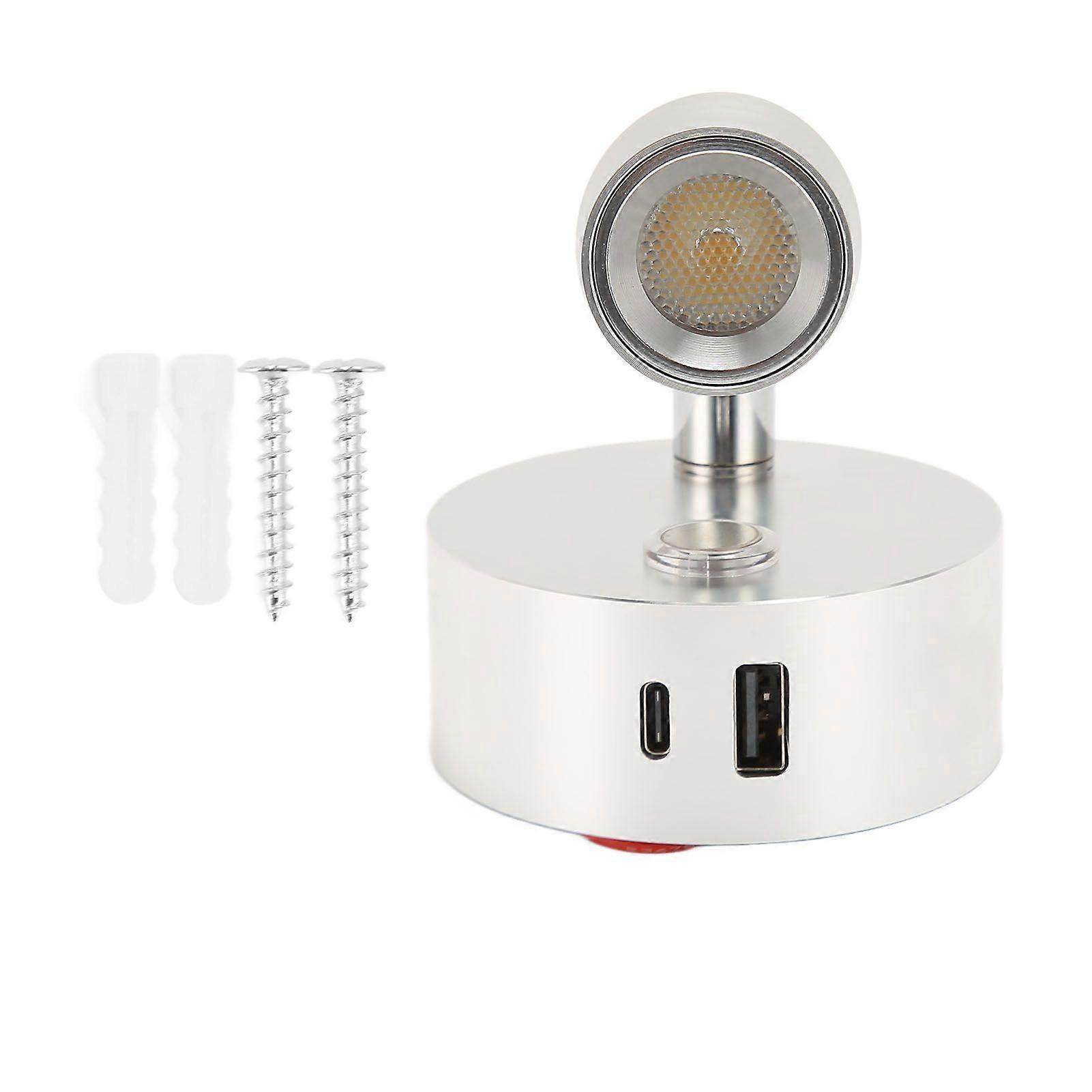 RV Reading Light with USB Type C Port Blue Nightlight 3 Color Dimming Boat Reading Lamp Polished Surface Touch Switch DC1224V Silver