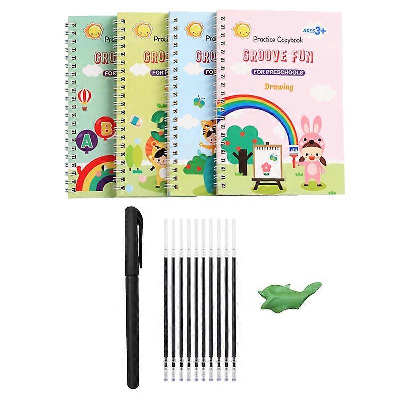 4 Pcs Grooved Handwriting Book, for Kids with Auto Disappear Ink Pen