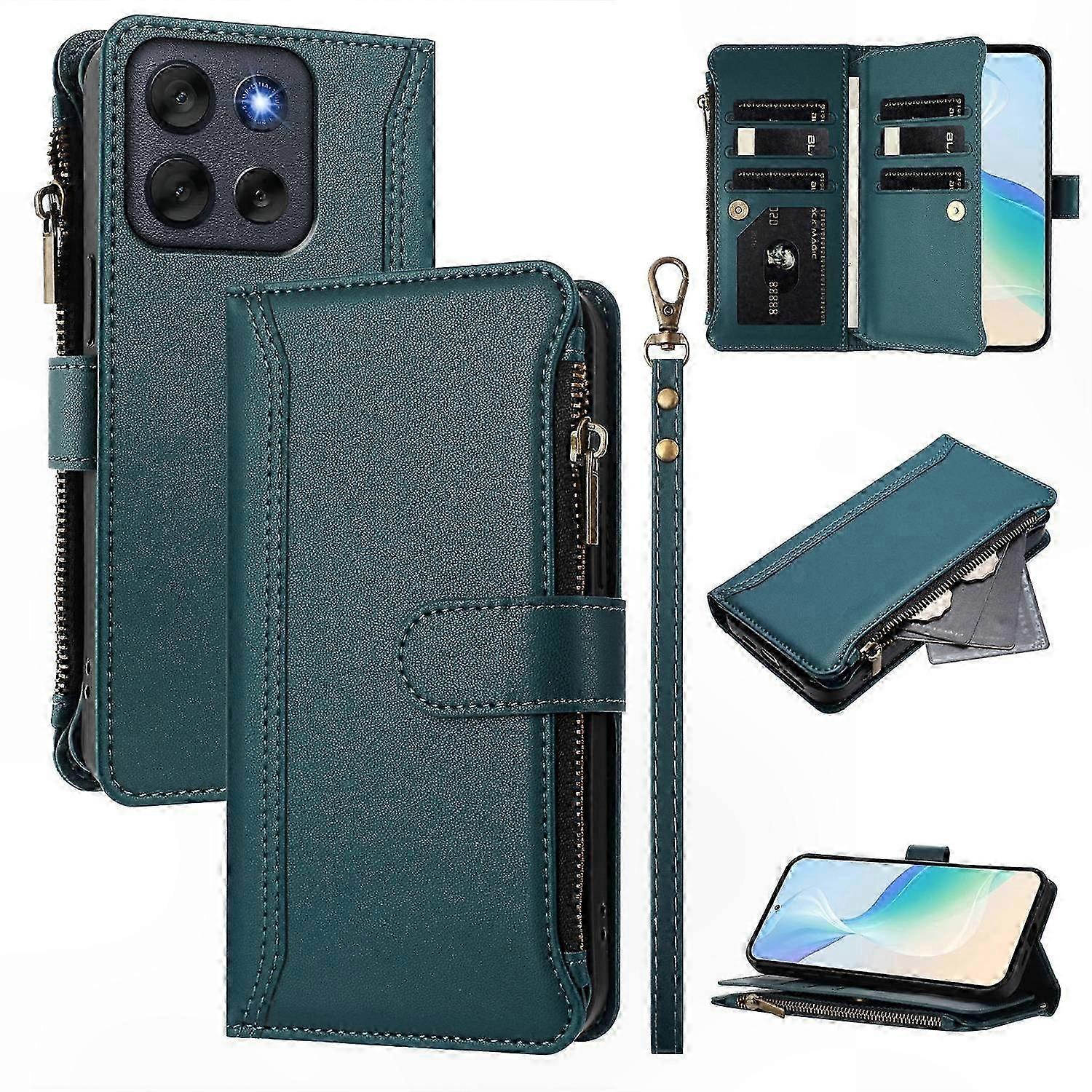 Leather Wallet Case with Zipper and Wrist Strap for 5G Phone, 9 Card Slots and Stand Function