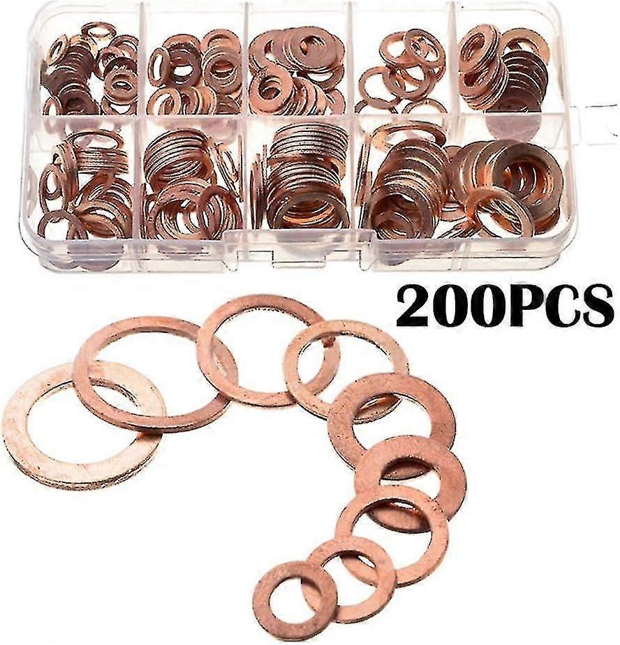 200 Pieces Copper Washer Assortment Kit, 9 Sizes Metal Washers Gaskets M5 M6 M8 M10 M12 M14 Mechanical Seal Washer With Plastic Box