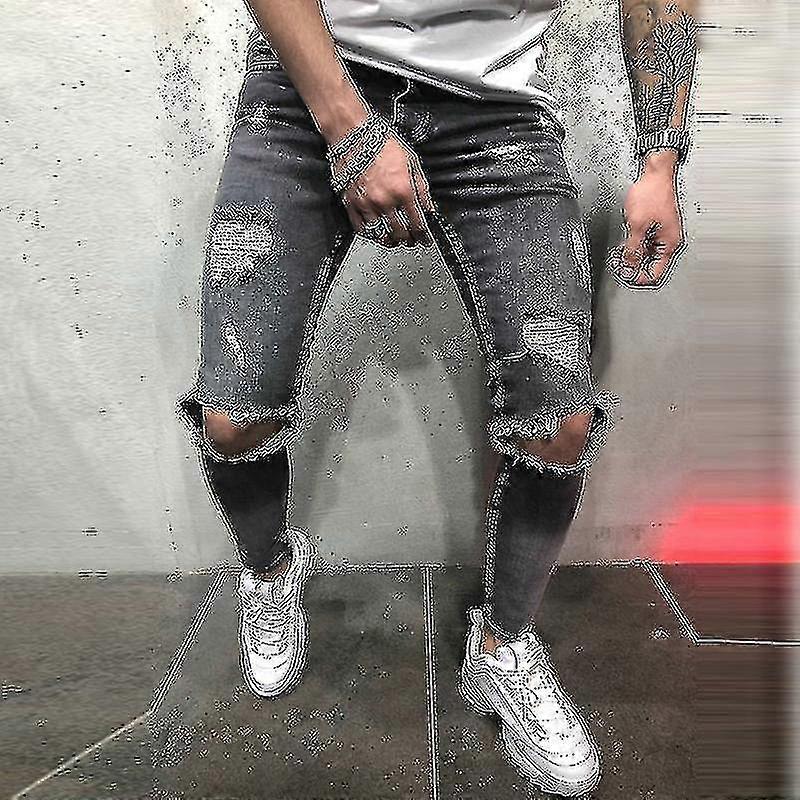 Mens Casual Ripped Skinny Jeans Pants Casual Distressed Frayed Slim Fit Trousers-r