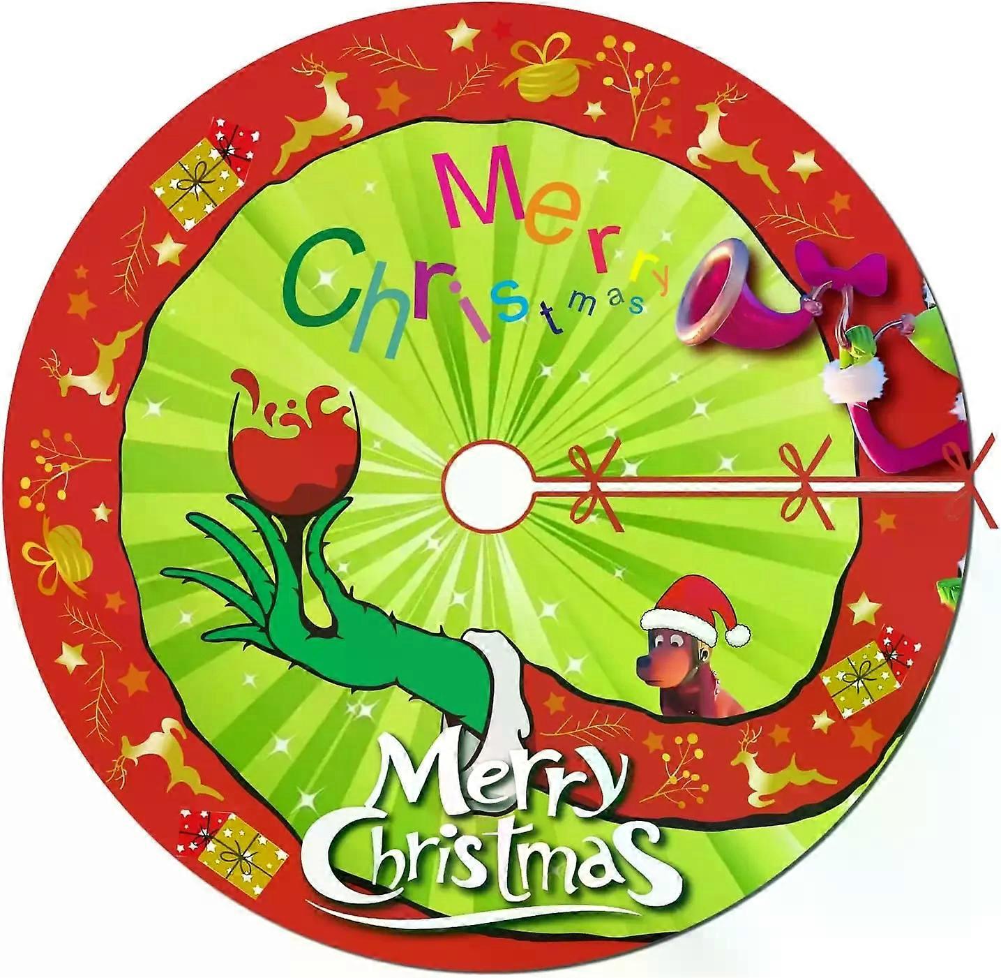 Jupe de sapin de Noël rouge et verte, col de sapin « Joyeux Noël », décoration de Noël douce et rustique avec monstre.