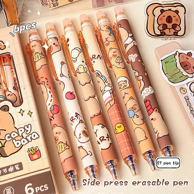 Stylos �� Gel Capybara mignons, ensemble de 6 stylos Kawaii, effa?ables bleus �� s��chage rapide pour le bureau et l'��cole, papeterie esth��tiqu