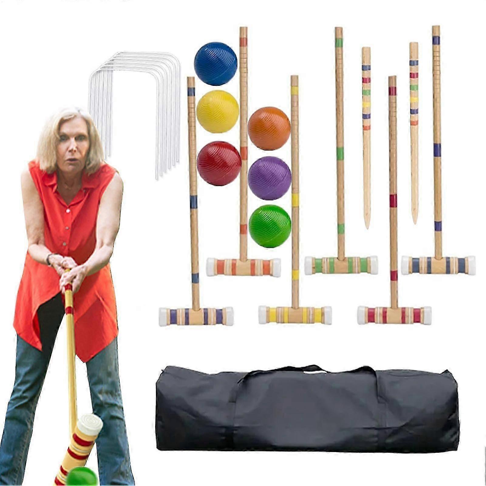 Croquet Set, 6 Player Wooden Outdoor Game, Lawn Game, with Mallets and Balls, Classic
