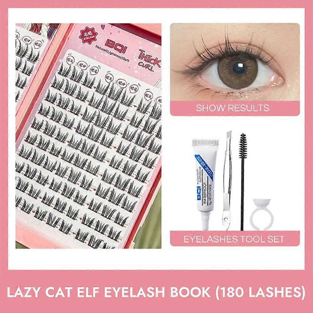 BQI Lazy Cat Elf Eyelashes Book 180pcs Large Capacity Enlarge Your Eyes Naturally DIY Lash Clusters with Glue Set