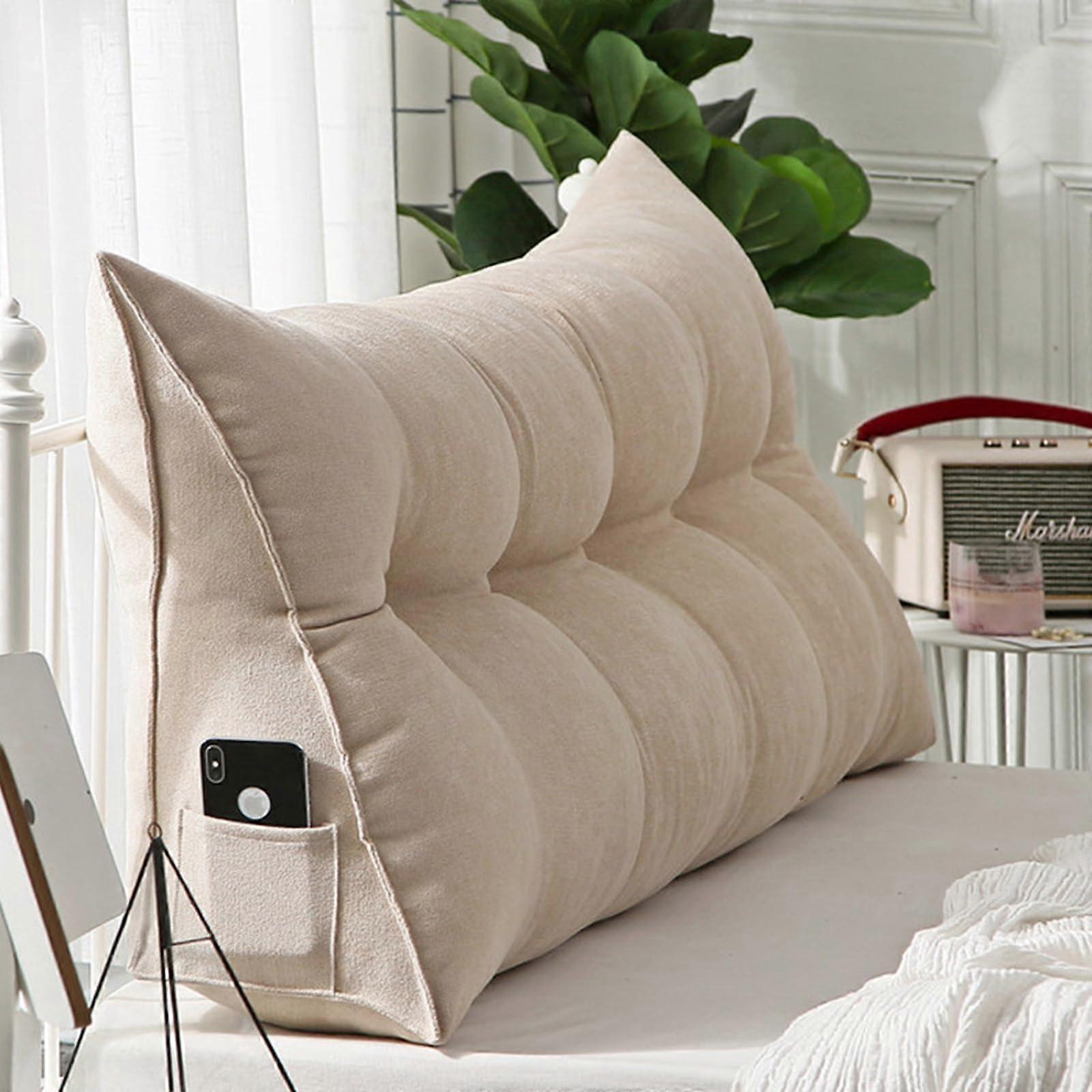 Wedge Headboard Pillow for Bed and Sofa, Ergonomic Corduroy Backrest with Side Pocket, Off White Full 47in