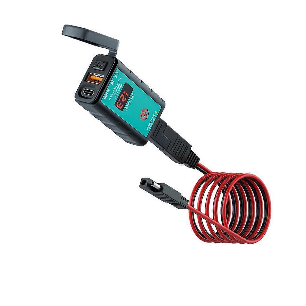 Square Fast Charging Single USB Type-C Charger with Voltmeter Integrated SAE Socket for 12V Car Motorcycle ATV RV Boat