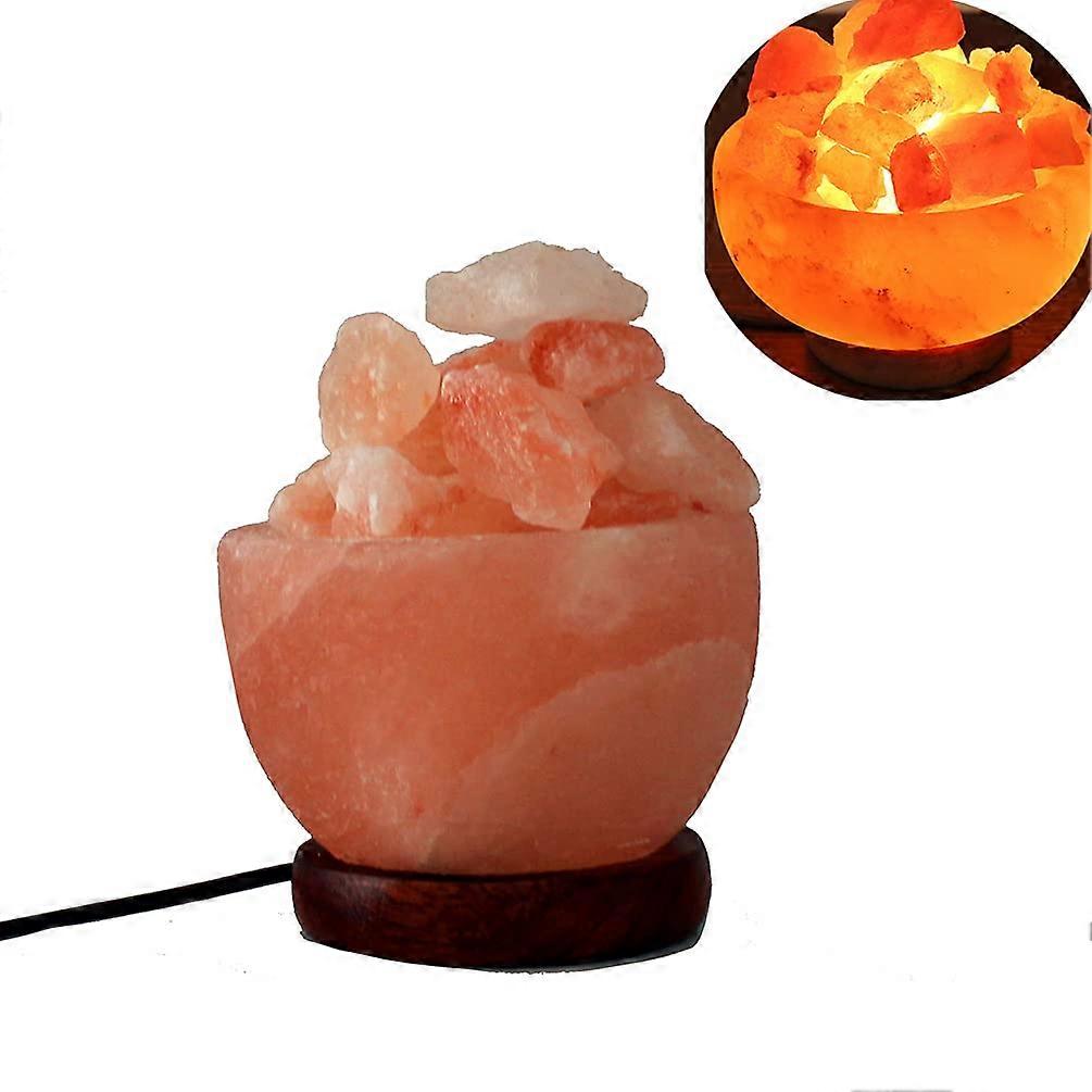 Himalayan Salt Bowl Lamp with Crystal Chunks, Wooden Base, Dimmable Light for Home Décor
