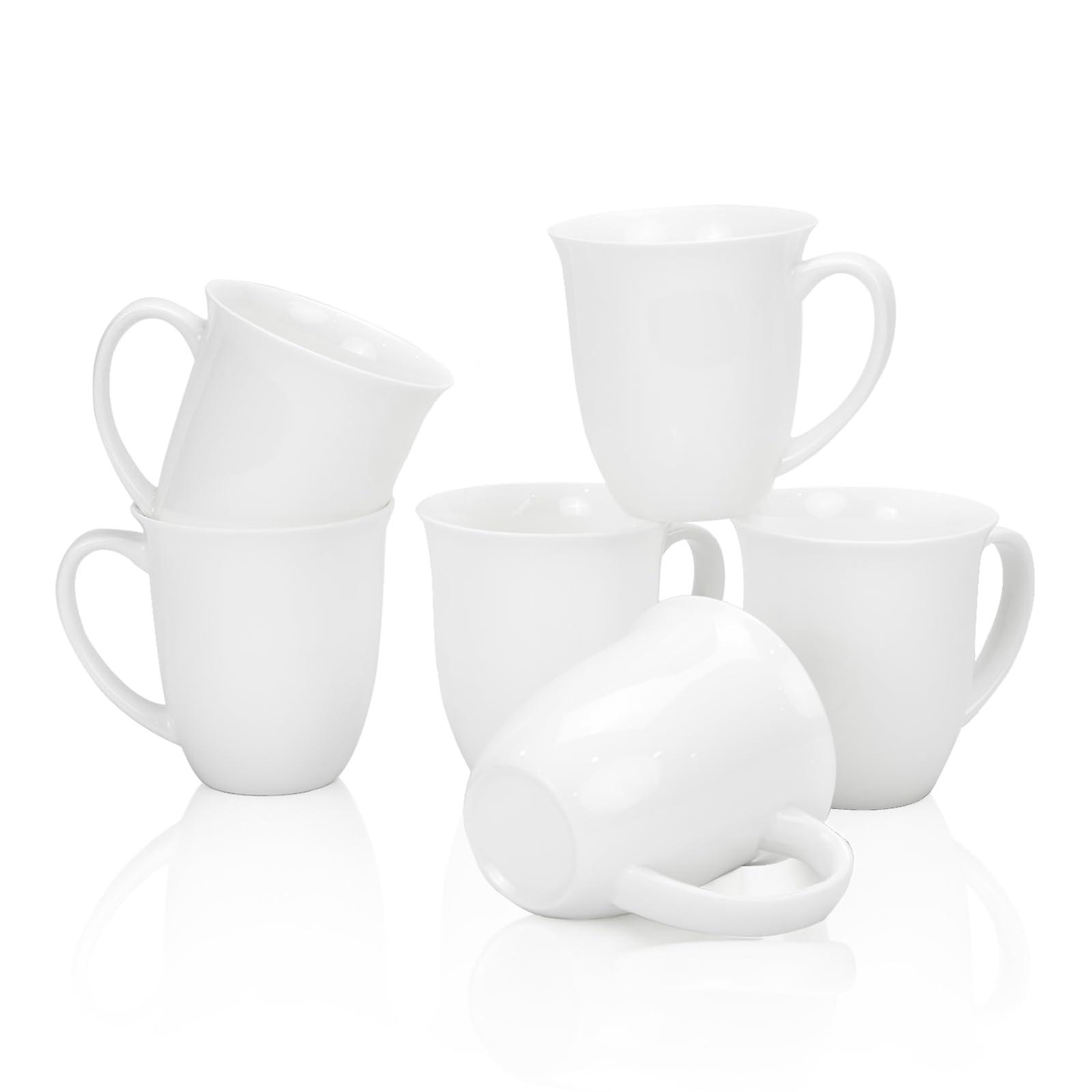 Fine Bone China Coffee Mugs Set of 6, 13oz White Tea Cups with Tilted Rim, Lightweight and Safe