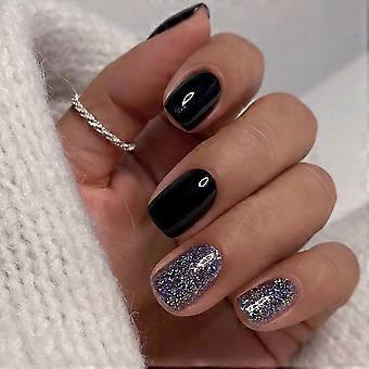 Short Black Press On Nails Square Acrylic Fake Nails with Glossy Bling Full Cover 24Pcs