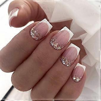 Press On Nails Short Square French White Glitter Fake Nails 24pcs Glossy Acrylic Stick On Nails Kit