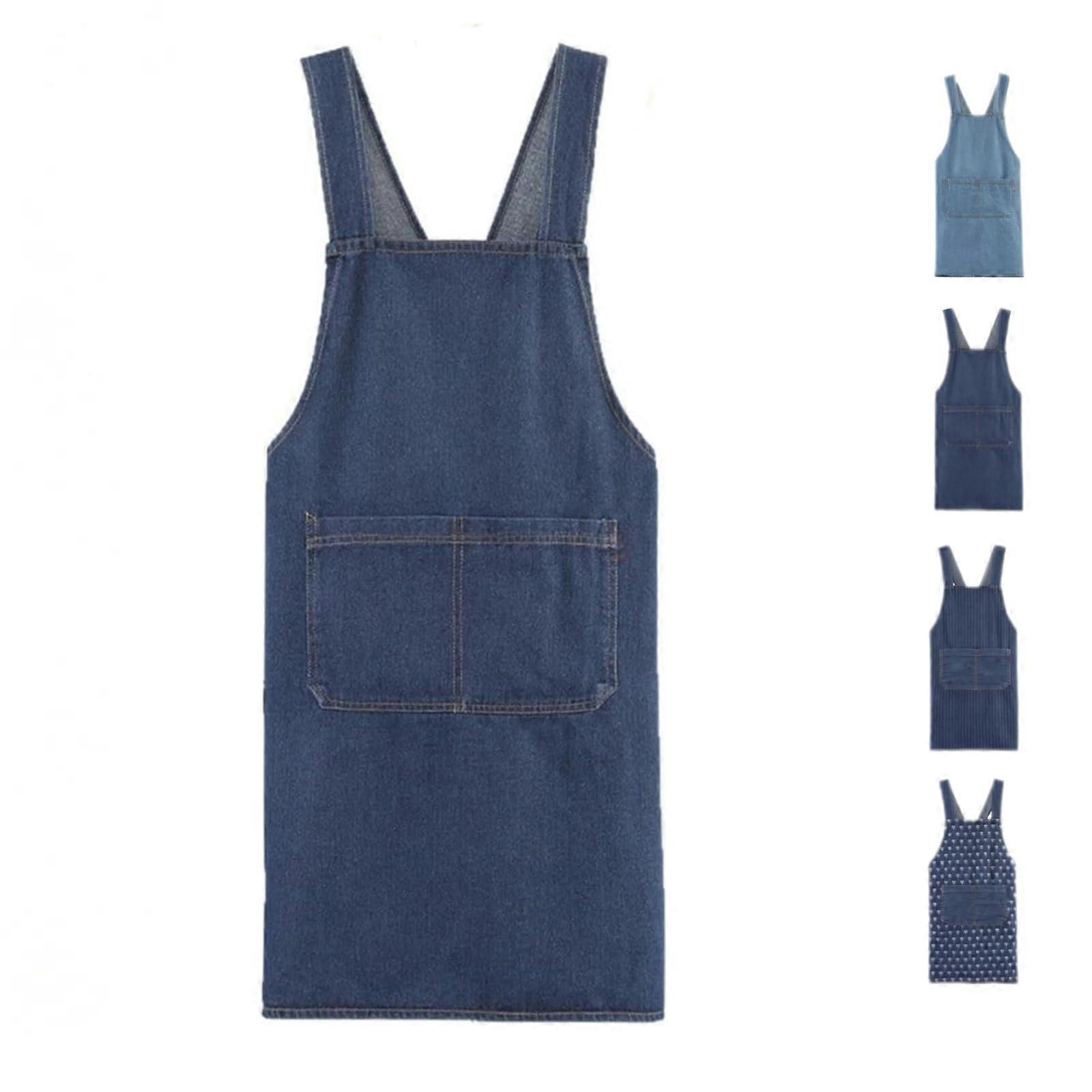 Cross Back Denim Kitchen Apron with Adjustable Straps and Pockets for Cooking and Craft