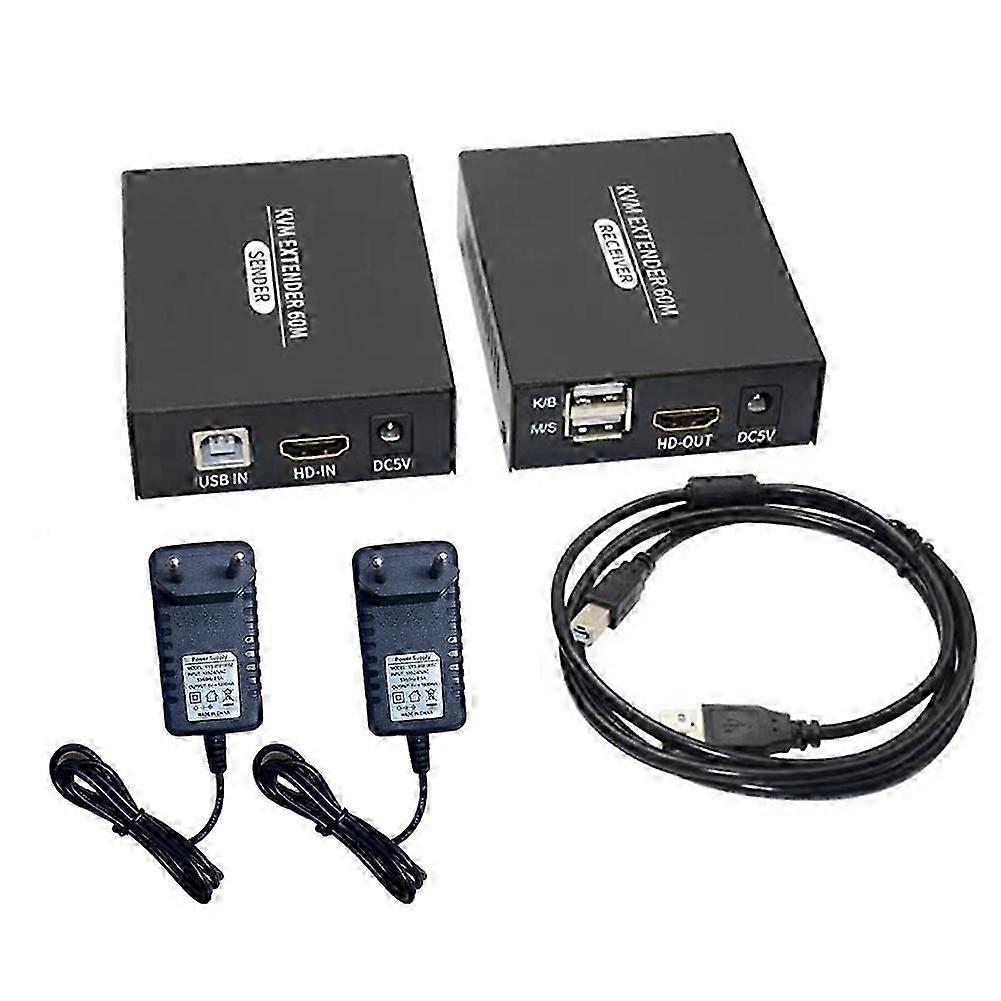 Extensor KVM compatível com HDMI de 60 m, extensor KVM Ethernet USB compatível com HDMI, transmissor e receptor, kit com plugue UE.