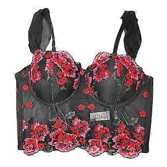 Womens Spaghetti Strap Bustier Camisole Crop Top Sweetheart Neck Fish Boned Embroidery Floral Mesh Bodycon Corsets Vest 40