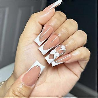 24Pcs Press on Nails Long False Nails White Bows French False Nails Stick on Nail For Parties Weddings And Daily Wear