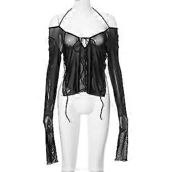 Punk Mesh Se T-shirts Kvinder Cyber Sexy Summer Halter Tops Lace Up Techwear Patchwork Split Tøj