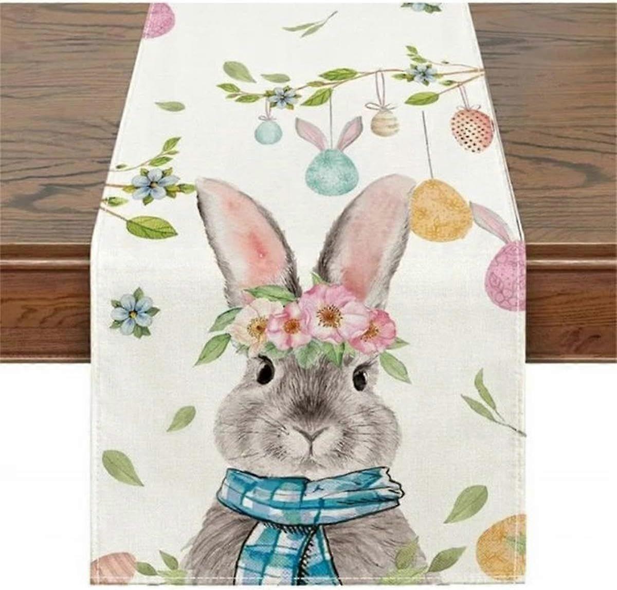 Easter Decoration Tablecloth, Cute Table Runner with Bunny and Easter Eggs, Printed Table Mat-10