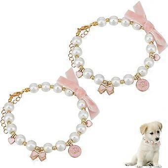 2pcs Pet Necklace Cat Pearl Crown Collar Pet Teddy Pearl Heart Jewelry Adjustable Cat Necklace Collar with Ribbon Bow Tie