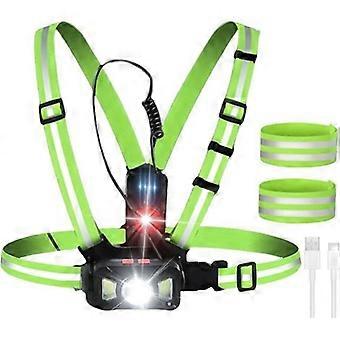 Hardlooplamp met reflectoren. Borstlamp met reflecterende strip. Oplaadbaar via USB voor tijdens het joggen. Verstelbare lichtbundelhoek. IPX65 waterdicht.