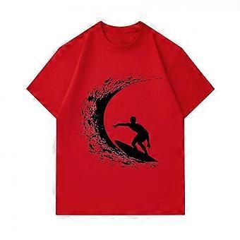 Men's 100% Cotton Crew Neck Short Sleeve T-Shirt, Surfing Silhouette Wave Graphic Print Casual Summer Breathable Soft Tee for Daily Outdoor Surf Sport