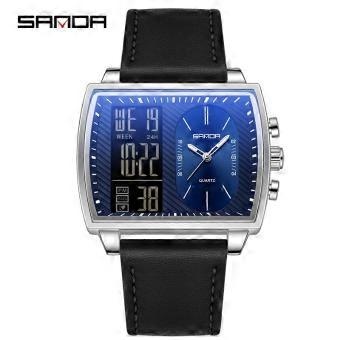 SANDA 6238 Herren-Sportuhr mit Lederarmband, 30 Meter wasserdicht, Wecker, Dualanzeige, Quarzuhr, elektronische Armbanduhr für Herren.