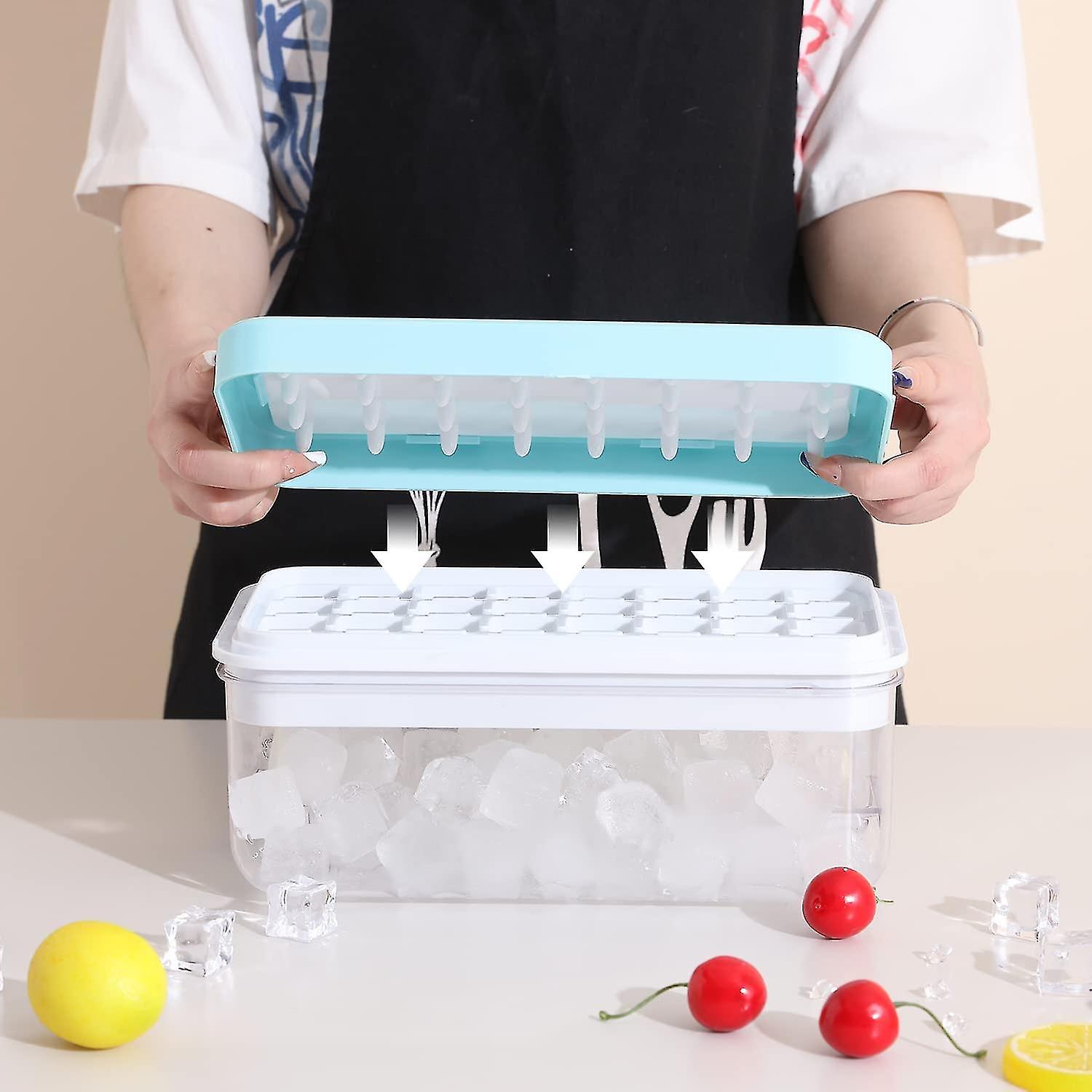 Silicone Ice Cube Tray With Lid And Bin, 64 Grids Press Type Ice Cube Molds Comes With Storage Bin And Ice Scoop