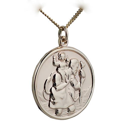 9ct Gold 30mm round St Christopher Pendant with a curb Chain 20 inches