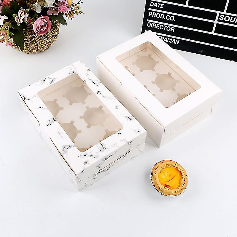 10pcs Cupcake Box With Transparent Viewing Window Marbling Kraft Paper Package With 6 Holes Cake