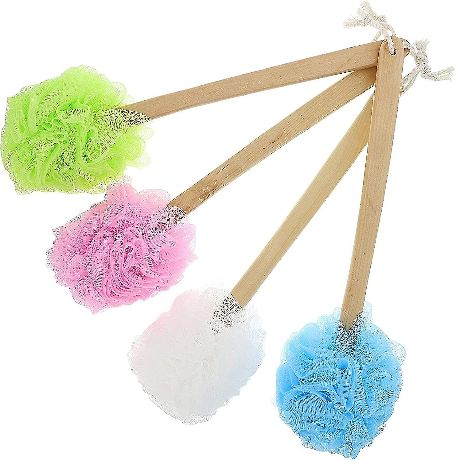 Long Handled Loofah On A Stick Body Back Scrubber, Bath Sponge (4 Colors, 4 Pack)
