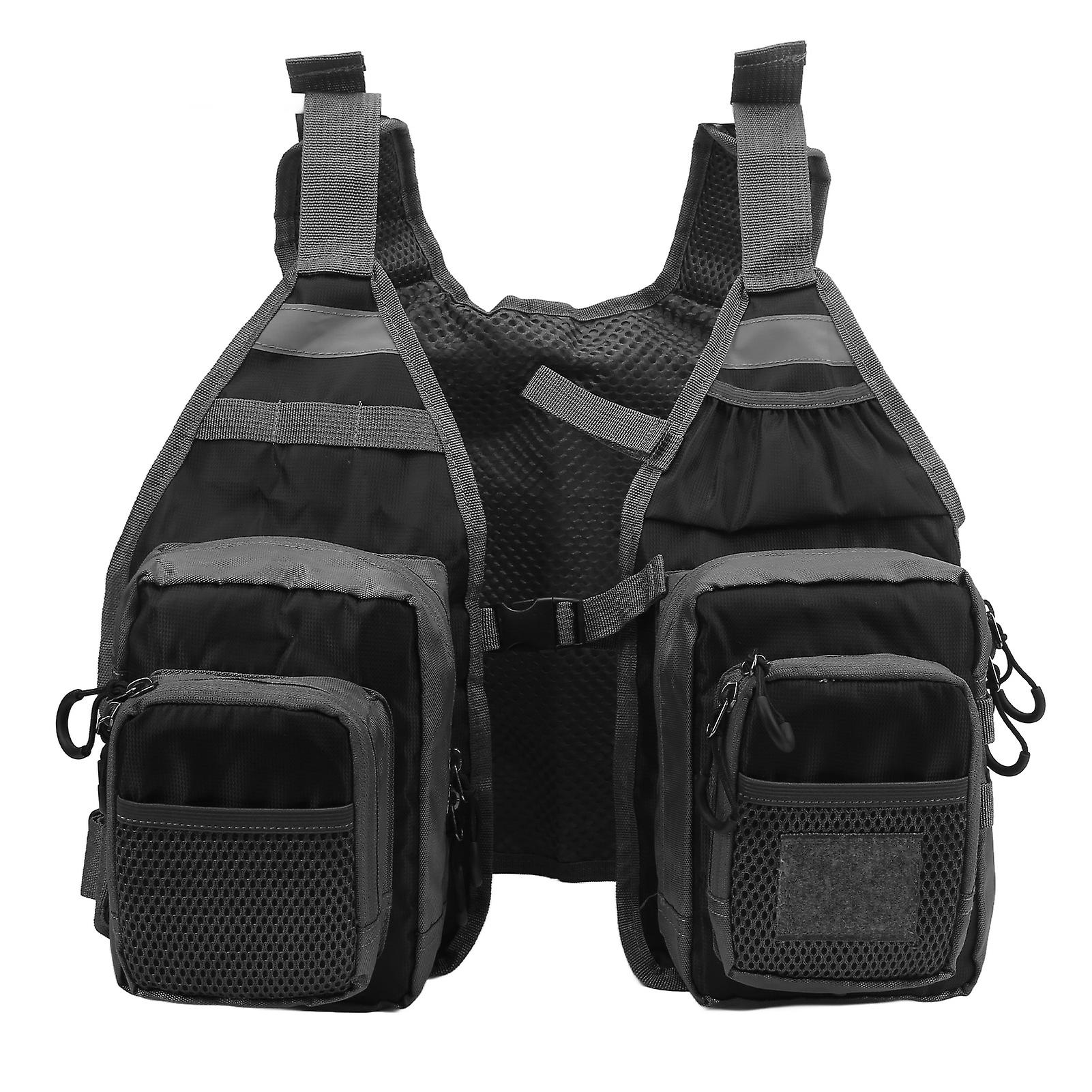 Fishing Vest Polyester Black Adjustable Shoulder Strap Belt Multiple Pockets for Kayaking Canoe Outdoor Activities Free Size