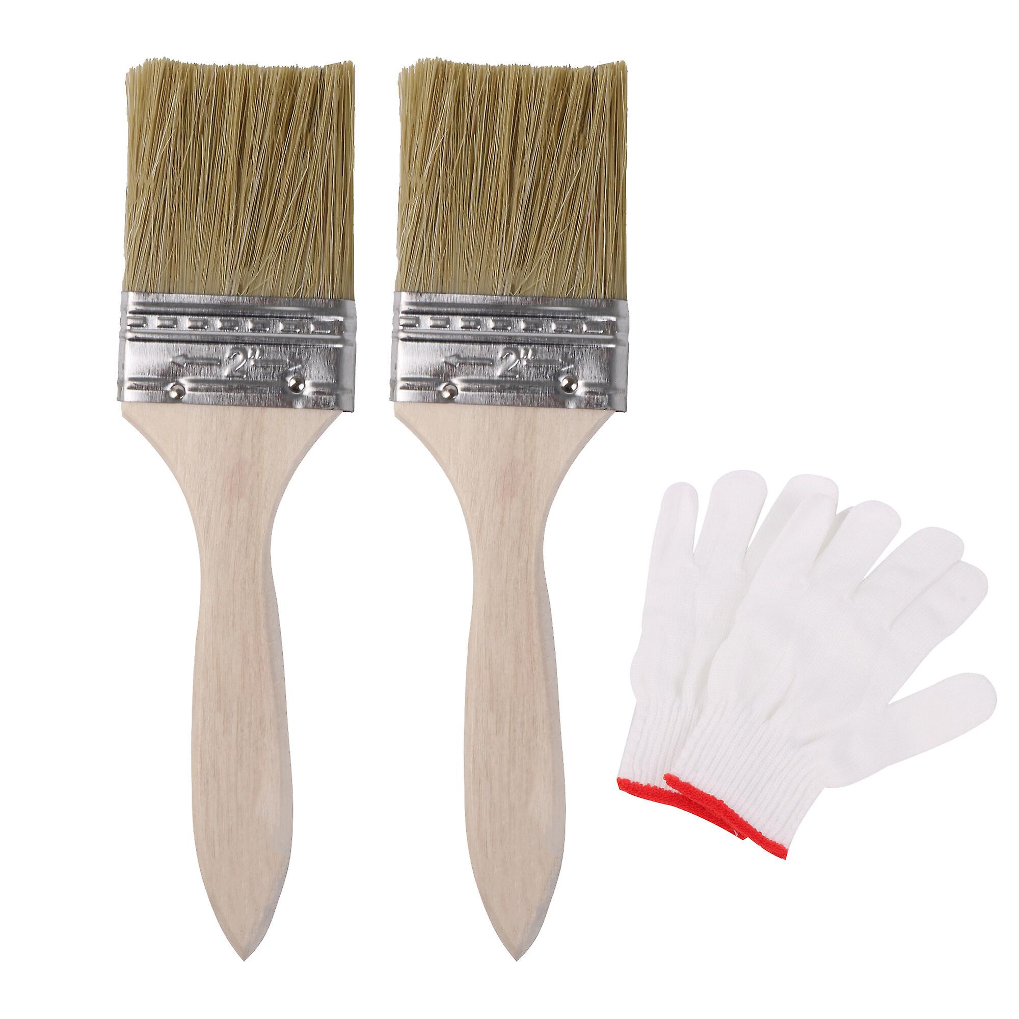 2 Pcs Natural Bristle Paint Brush Thin Handle 2 Inch w/ Nylon Mittens