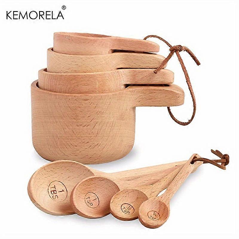 Ensemble de tasses et de cuillères à mesurer en bois naturel 4/8 - fabriqué à la main avec une finition polie pour bois riche pour une mesure précise des ingrédients secs, idéal pour la cuisine